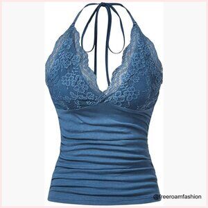 Women's Halter Top Lace V Neck Ruched Low Cut Backless Camisole Tank